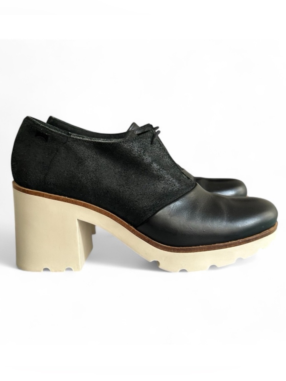 Camper Black Leather & Cream Platform Block Heel Shoes